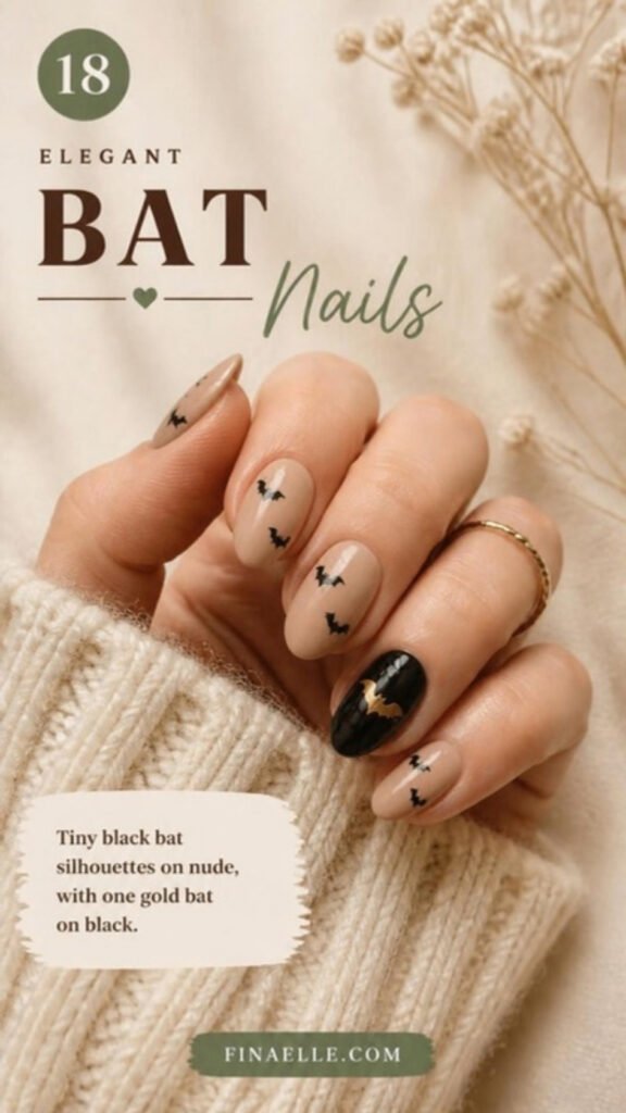 Bat Halloween nail art with tiny black bats on nude nails and a gold bat on a black accent nail