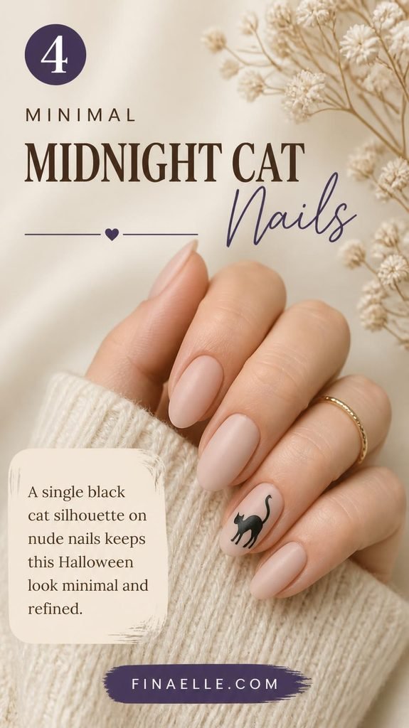 Black cat Halloween nail art with a minimalist black cat silhouette