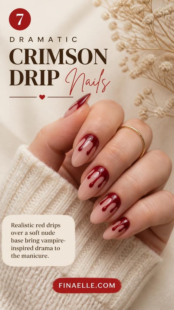 Blood drip Halloween nail art with red vampire-style drips