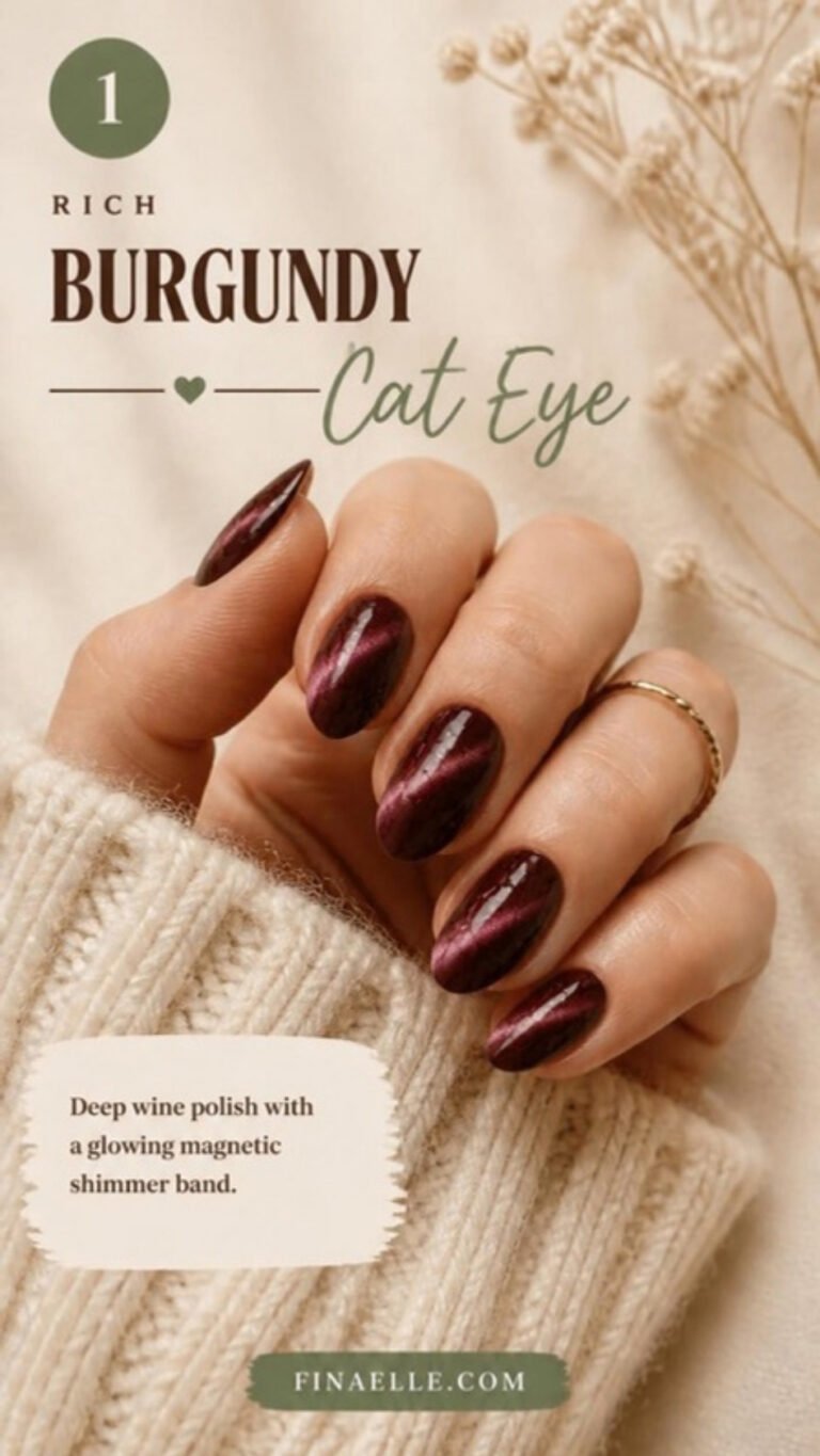 Rich Burgundy cat eye nails – deep wine polish with a glowing magnetic shimmer band