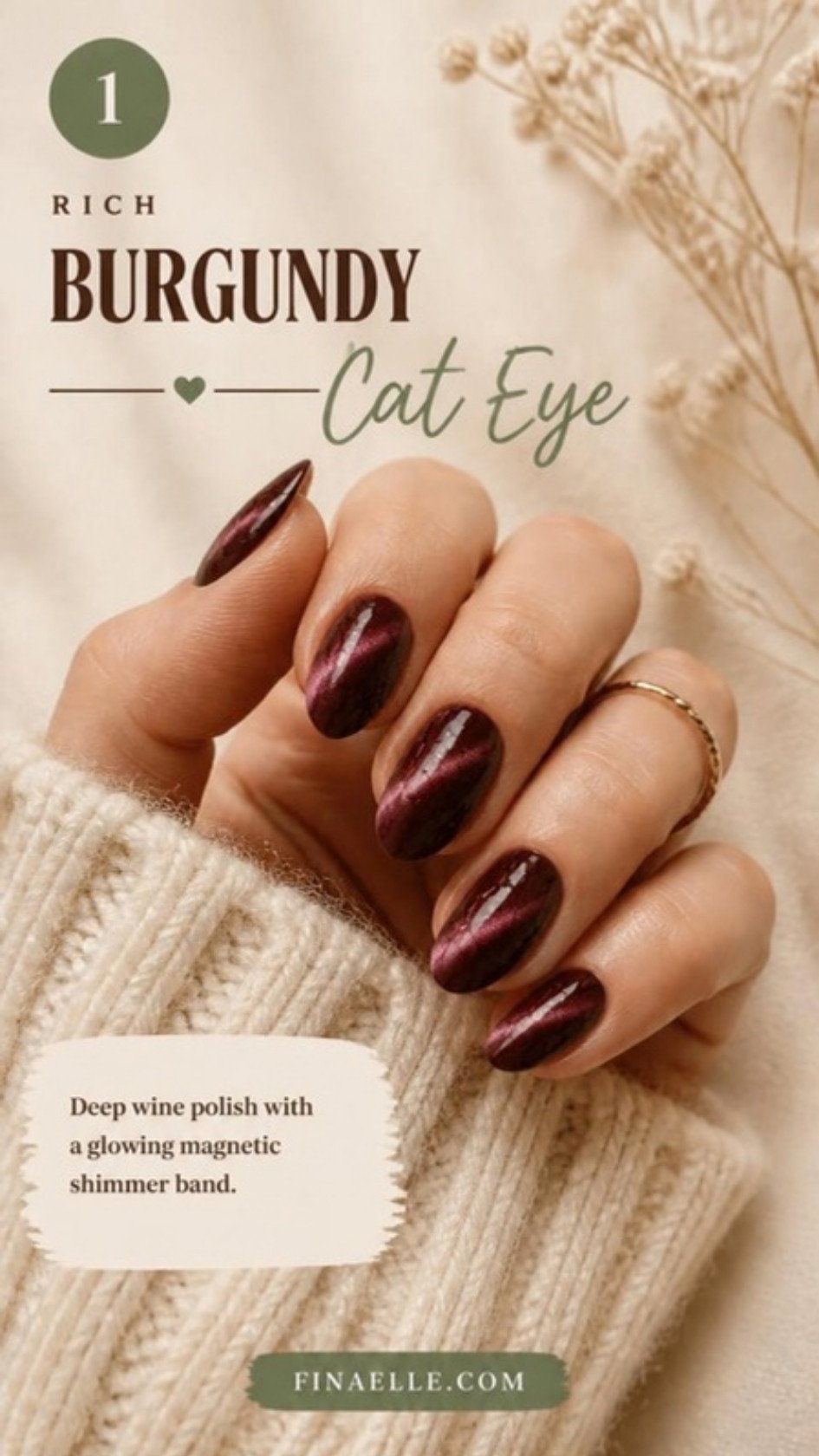 Rich Burgundy cat eye nails – deep wine polish with a glowing magnetic shimmer band