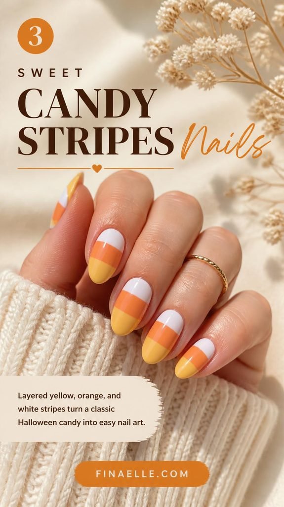 Candy corn Halloween nail art with white, orange and yellow striped nails