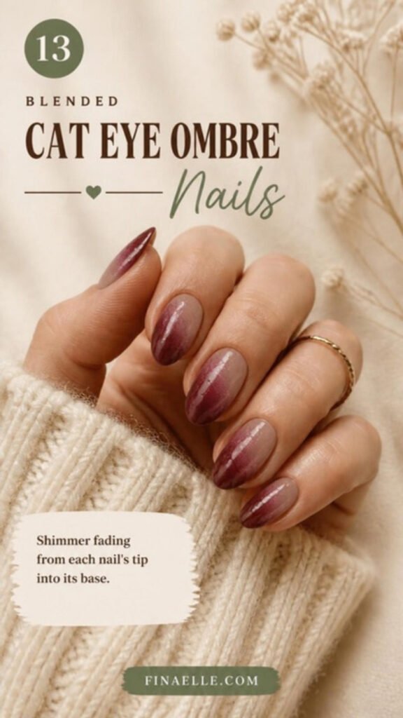 Blended Cat Eye Ombre nails – shimmer fading from each nail's tip into its base