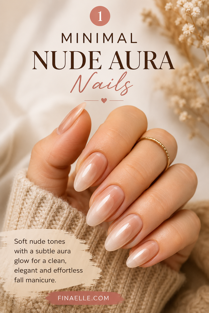 Minimal Nude Aura Nails — glossy nude aura manicure on almond nails, hand resting on a cream knit sweater with dried flowers behind it. Caption: "Soft nude tones with a subtle aura glow for a clean, elegant and effortless fall manicure.