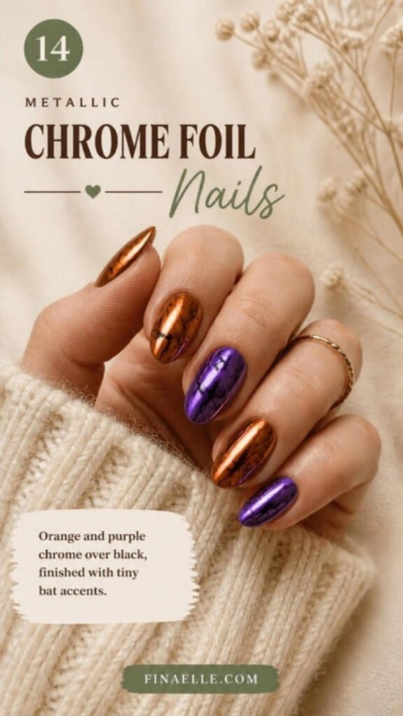 Chrome foil Halloween nail art with metallic orange and purple chrome nails