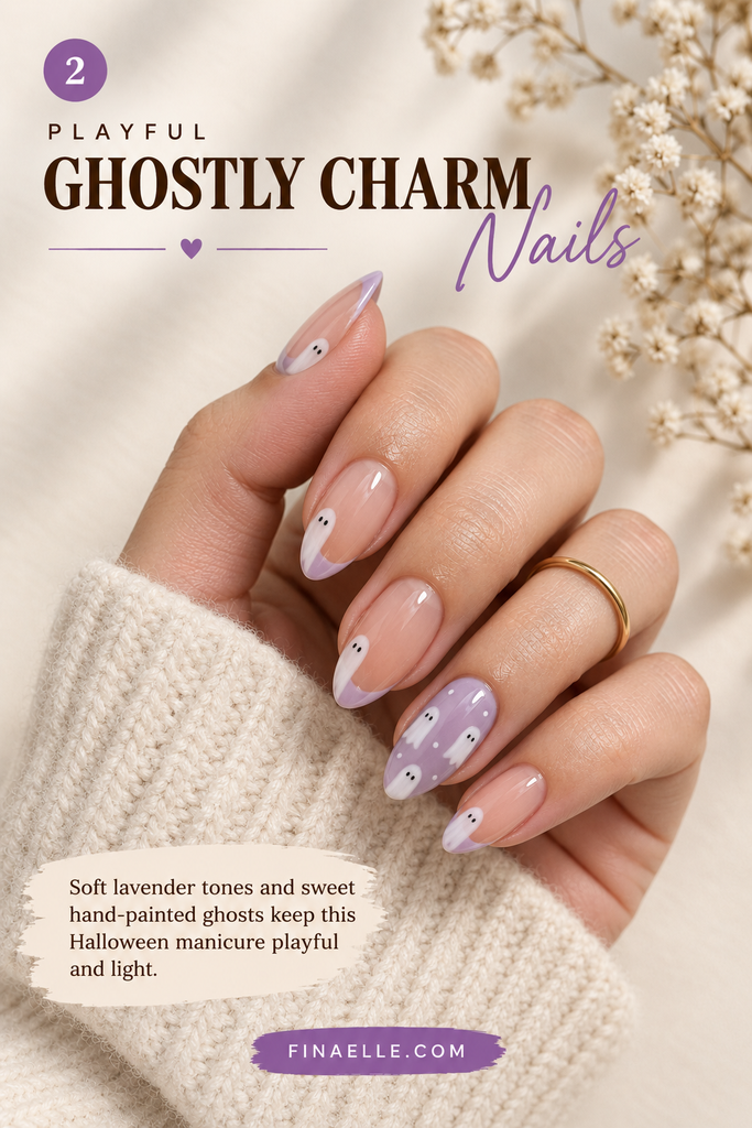 Cute ghost Halloween nail art with little white ghosts with tiny faces