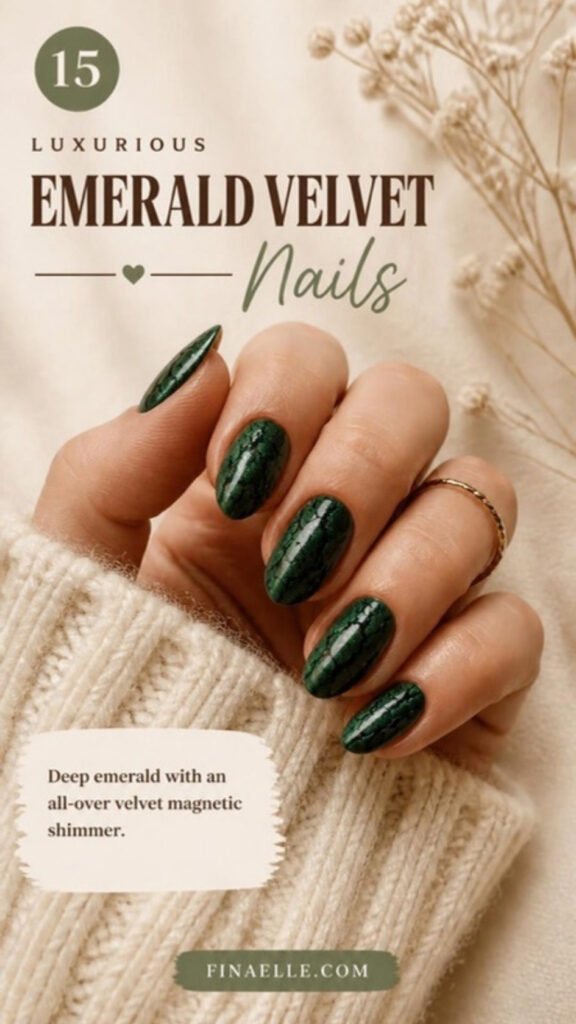 Luxurious Emerald Velvet nails – deep emerald with an all-over velvet magnetic shimmer