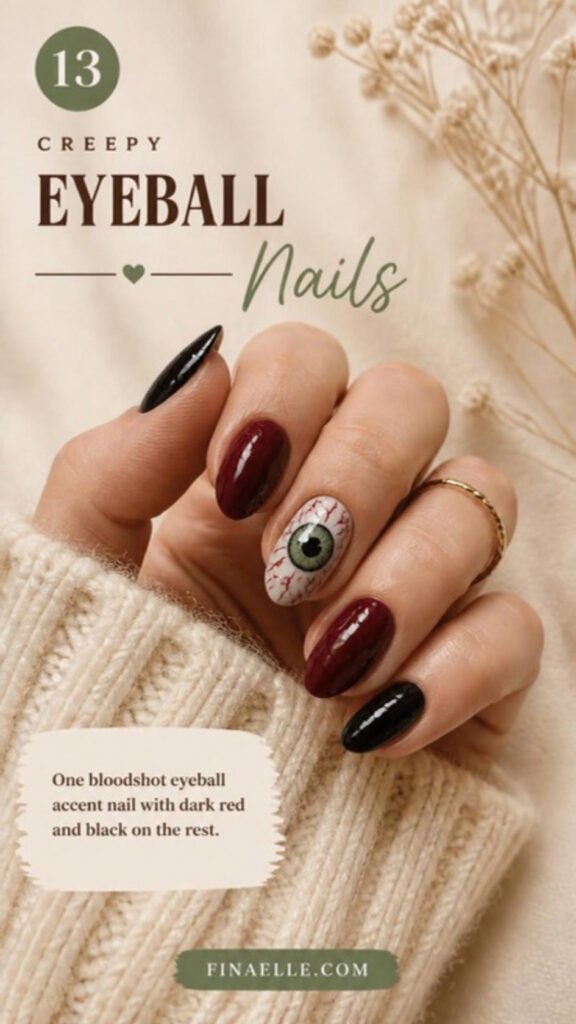 Eyeball Halloween nail art with one bloodshot eyeball accent nail and dark red and black nails