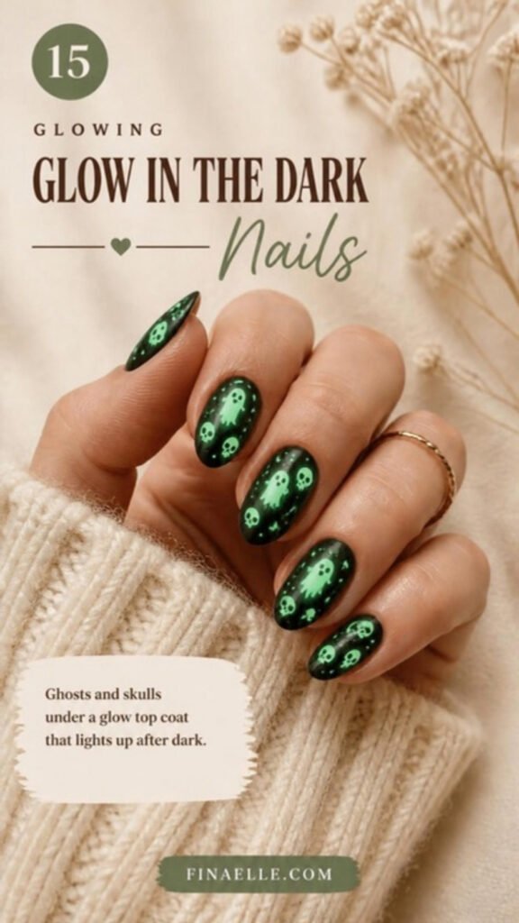Glow-in-the-dark Halloween nail art with glowing green ghosts and skulls on black nails