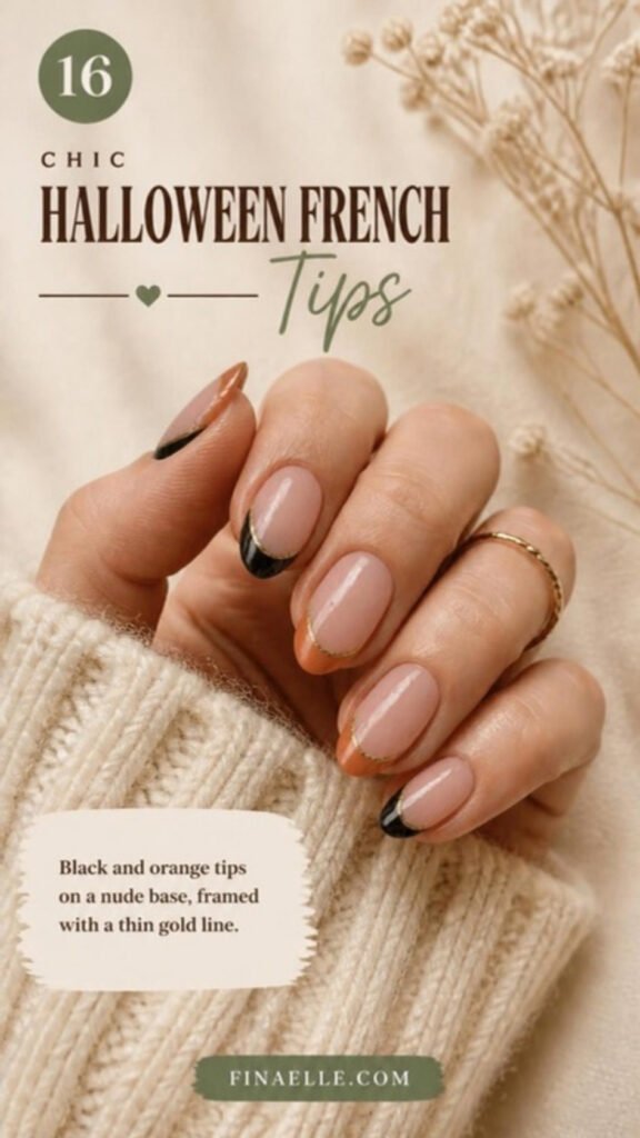 Halloween French tip nail art with black and orange tips and thin gold lines on nude nails