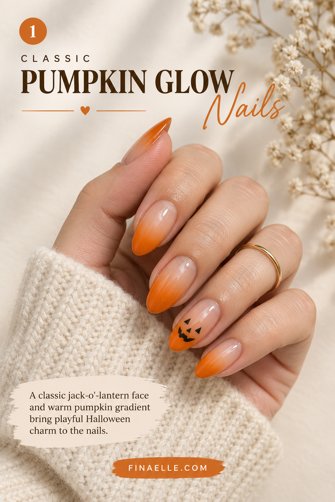 Jack-o'-lantern Halloween nail art with carved pumpkin faces on orange nails