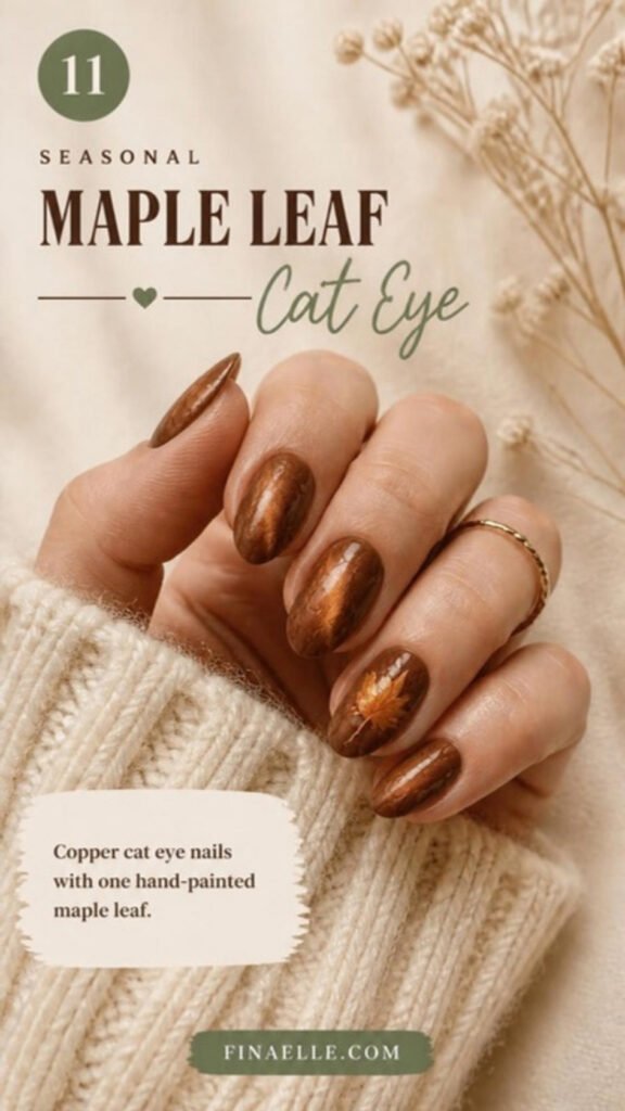 Seasonal Maple Leaf cat eye nails – copper cat eye nails with one hand-painted maple leaf