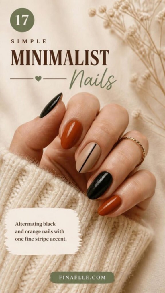 Minimalist Halloween nail art with alternating black and orange nails and one striped nude accent