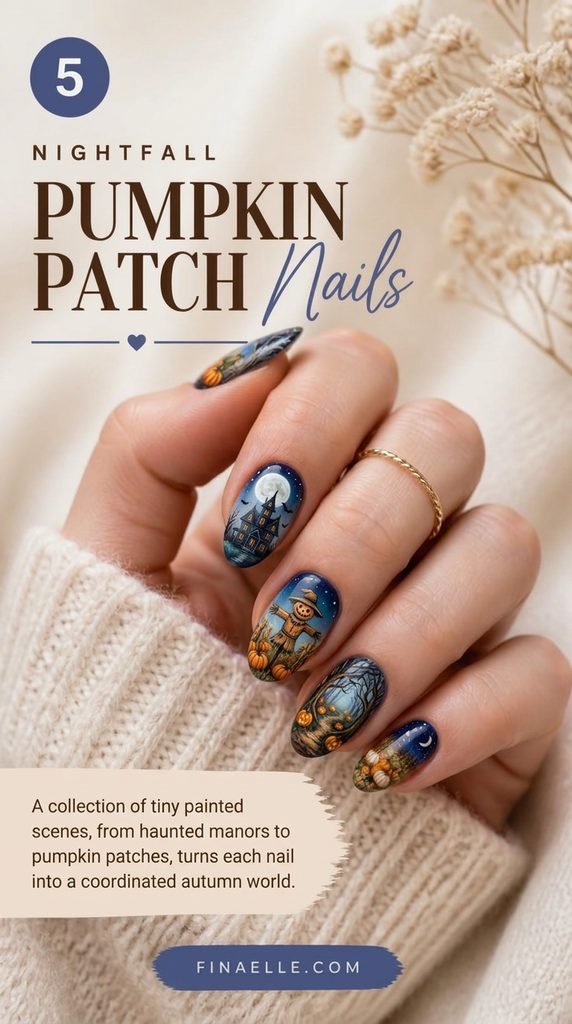 Pumpkin patch Halloween nail art with a detailed autumn pumpkin scene