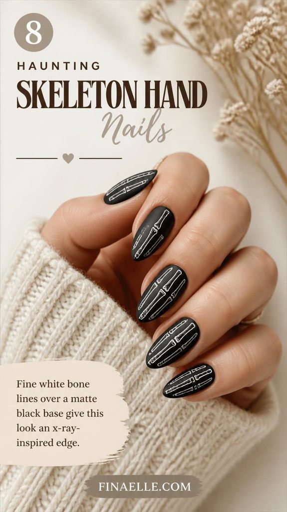 Skeleton Halloween nail art with white bone designs on black nails