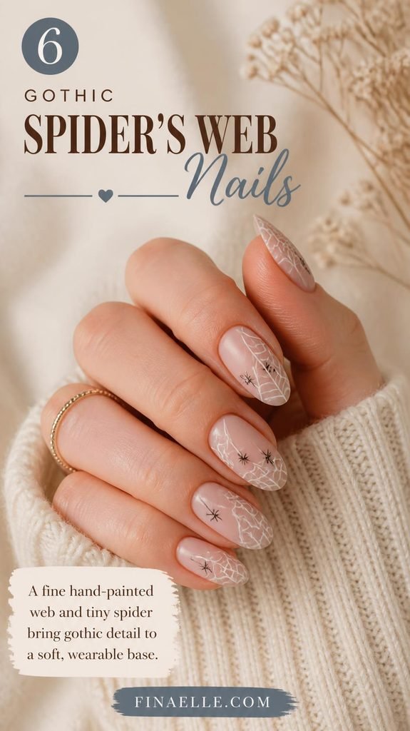 Spiderweb Halloween nail art with a gothic spider web design