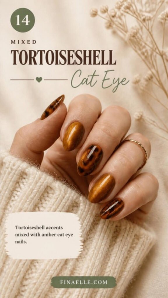 Mixed Tortoiseshell cat eye nails – tortoiseshell accents mixed with amber cat eye nails