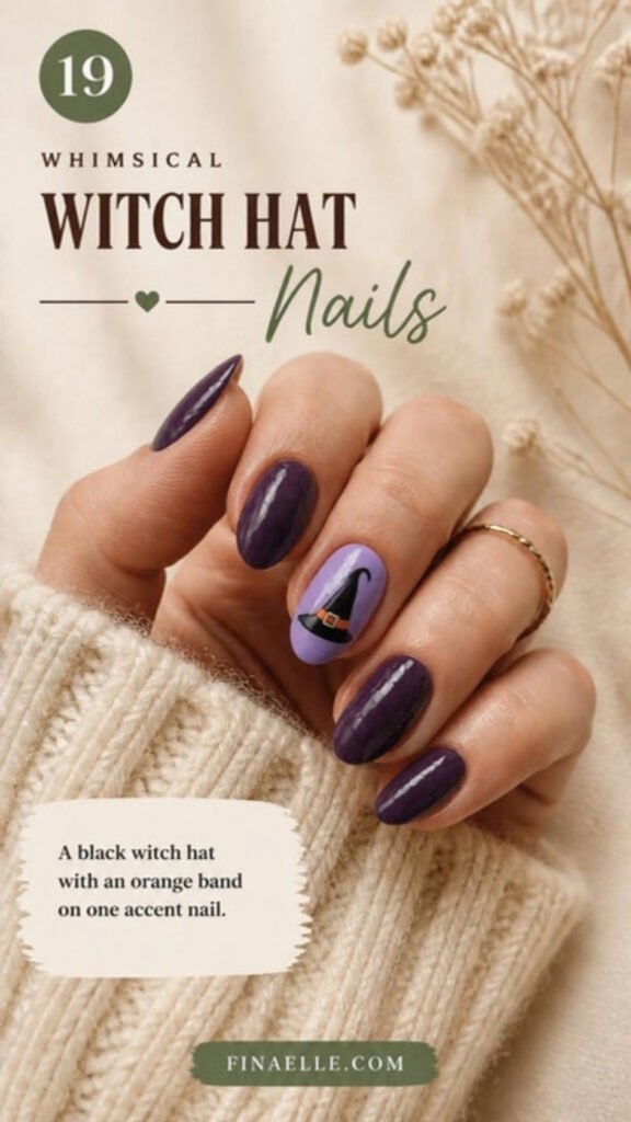 Witch hat Halloween nail art with a black witch hat accent nail on deep purple nails