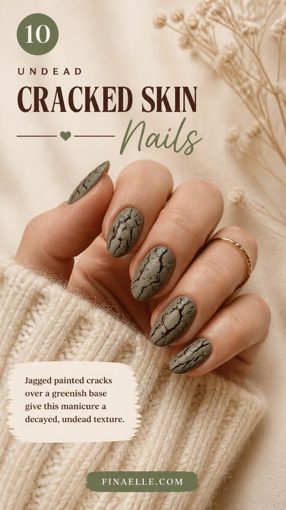 Zombie Halloween nail art with a cracked skin effect on sage green nails