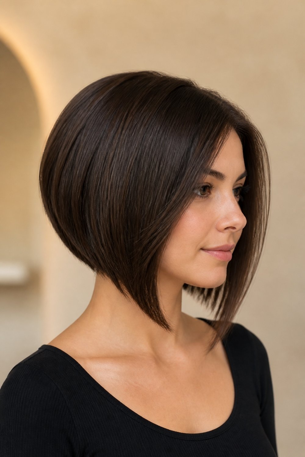 Angled A-line bob haircut for women, shorter in the back and longer in front, dark brown hair
