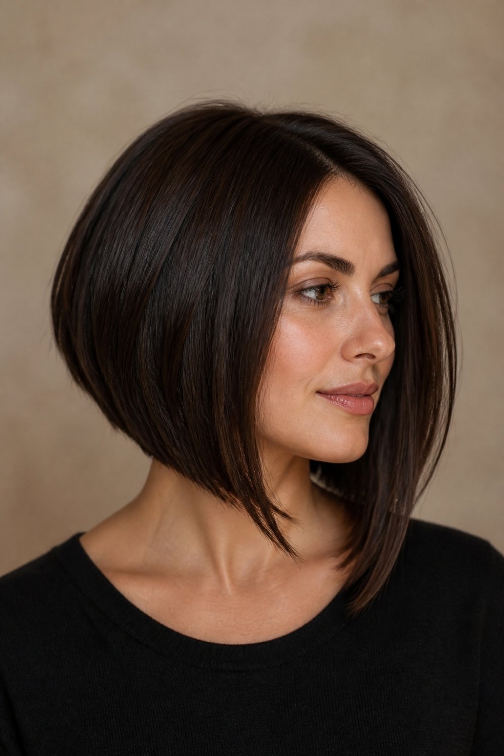 Angled A-line lob haircut in dark chocolate brown, longer in front long bob