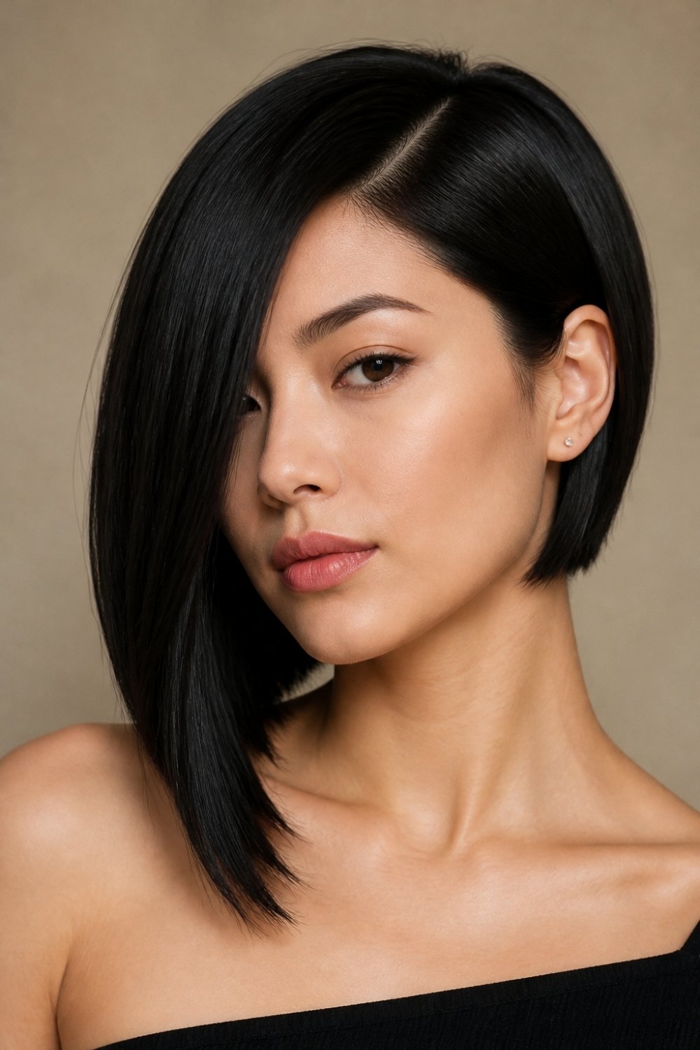 Asymmetrical bob haircut for women with one side longer, sleek jet black hair