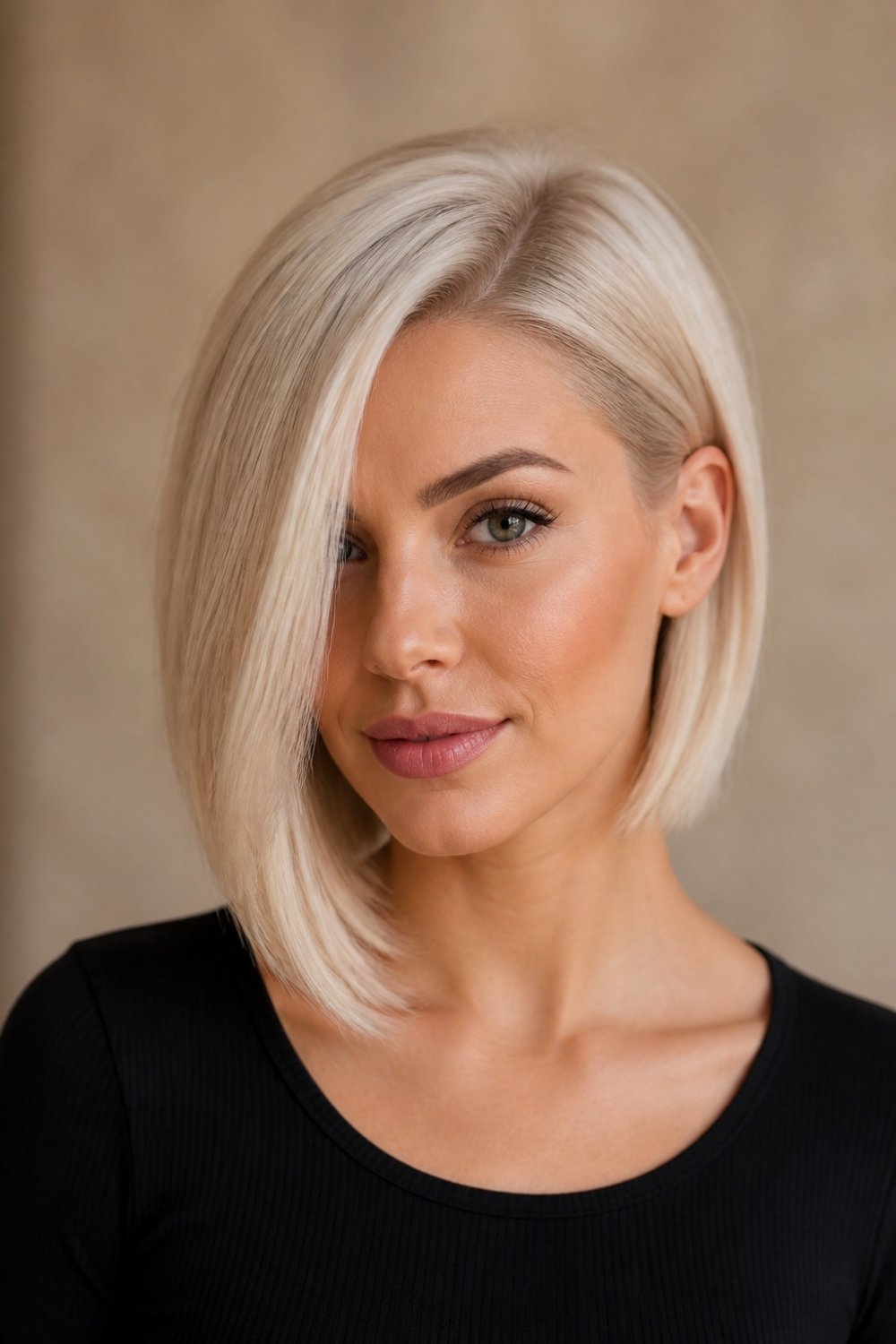 Asymmetrical lob haircut in platinum blonde with one longer side long bob