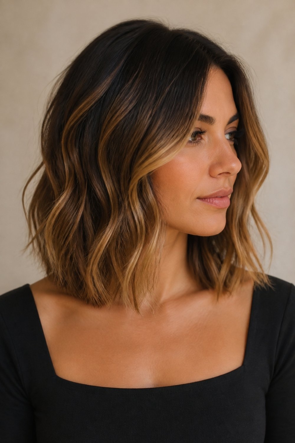 Balayage lob haircut with brunette to caramel long bob color