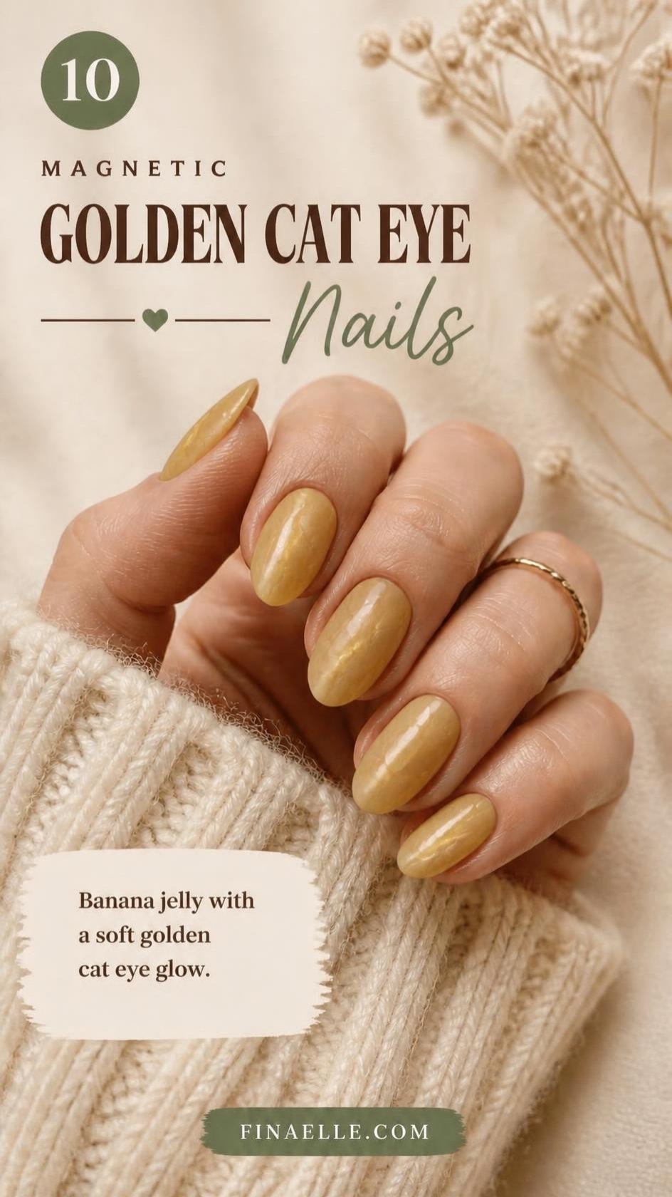 Banana syrup cat eye nails with a golden magnetic shimmer on yellow jelly almond nails
