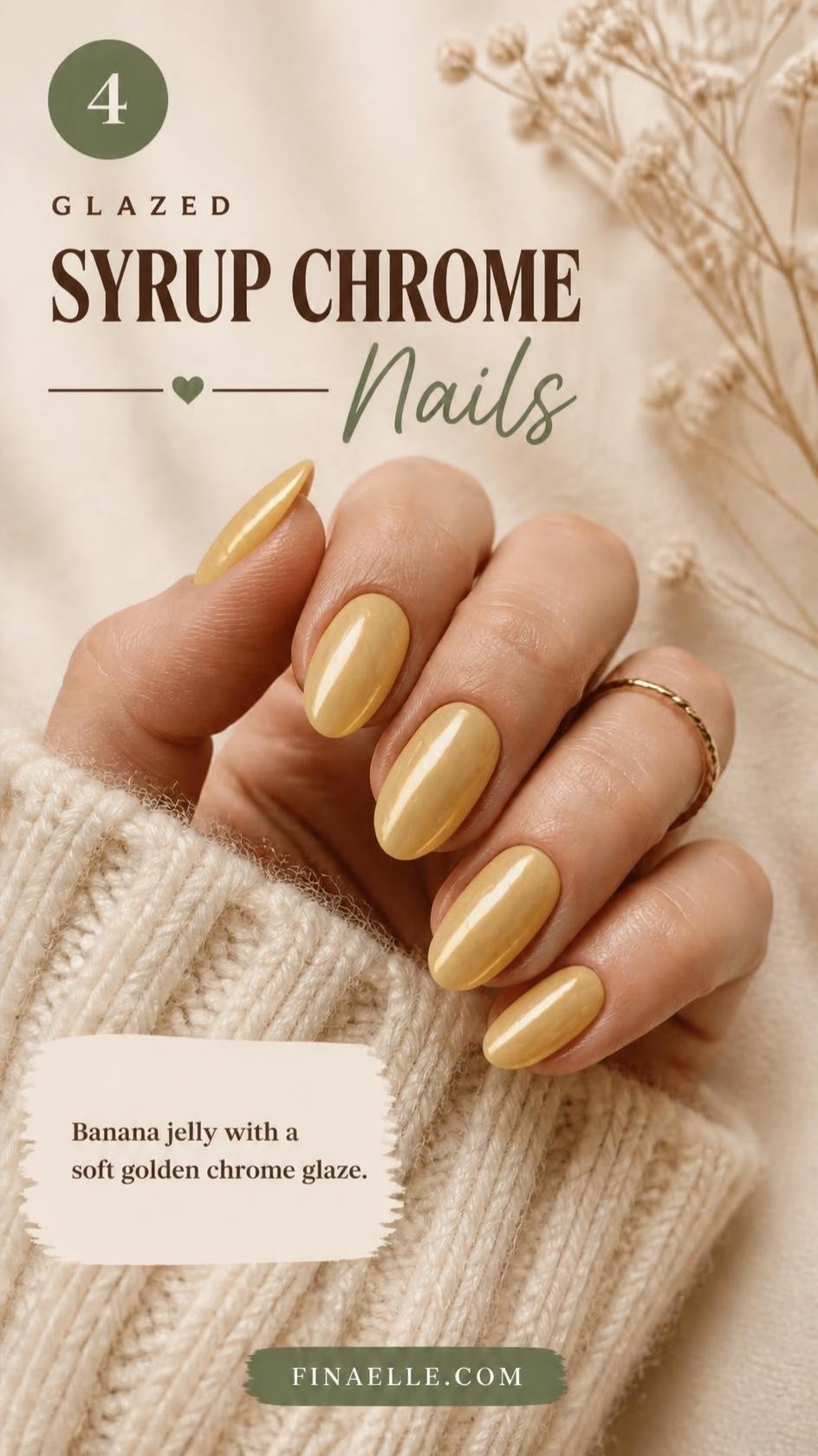 Banana syrup chrome nails with a soft golden glaze over yellow jelly almond nails