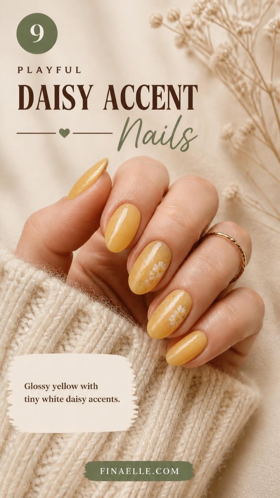 Banana syrup nails with tiny white daisy accents on glossy yellow jelly almond nails