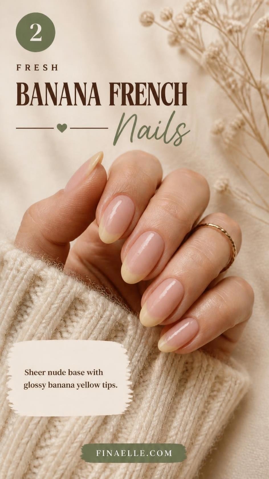 Banana syrup French tip nails with glossy yellow jelly tips on a sheer nude almond base