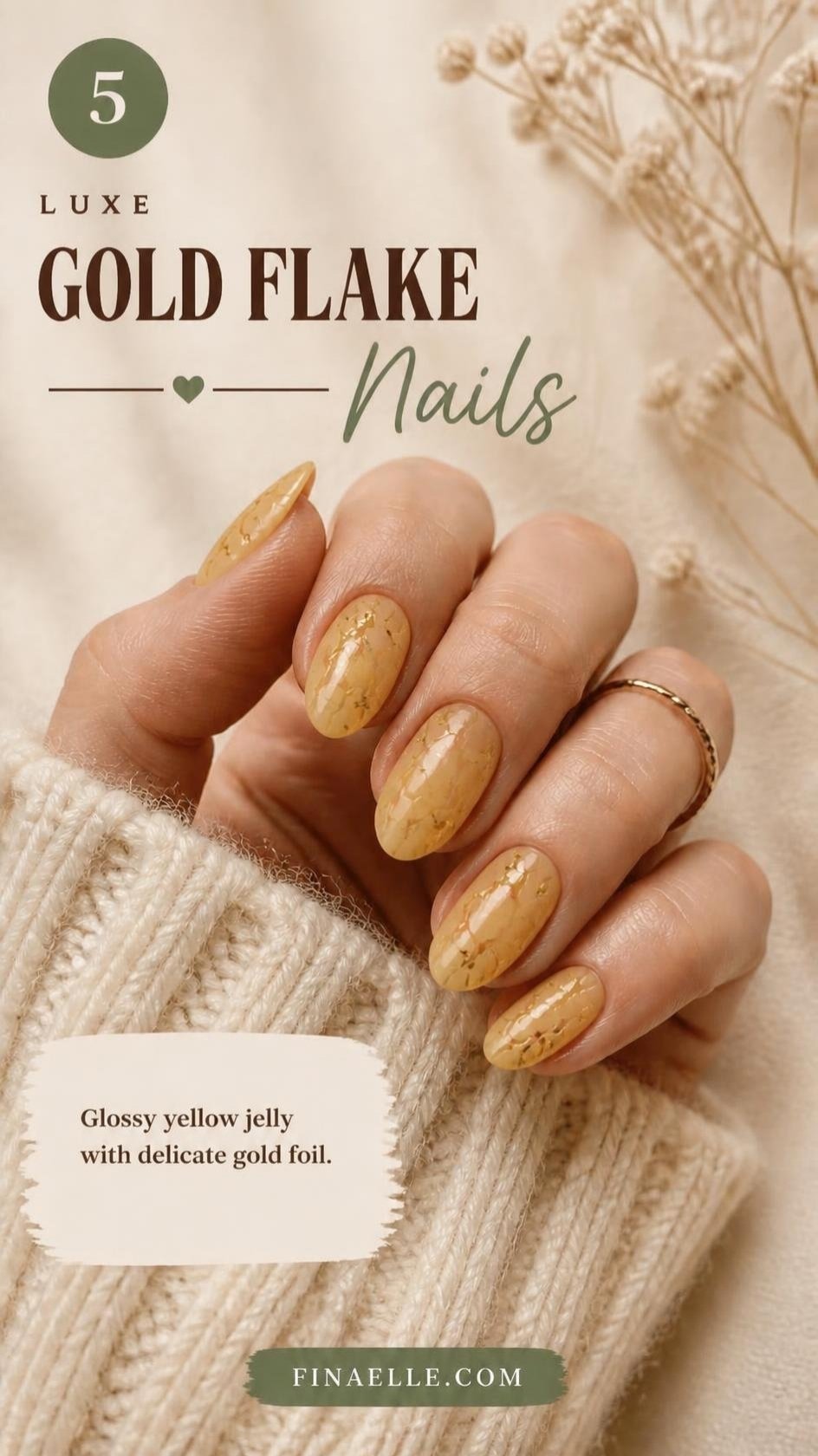 Banana syrup nails with tiny gold foil flakes on glossy yellow jelly almond nails
