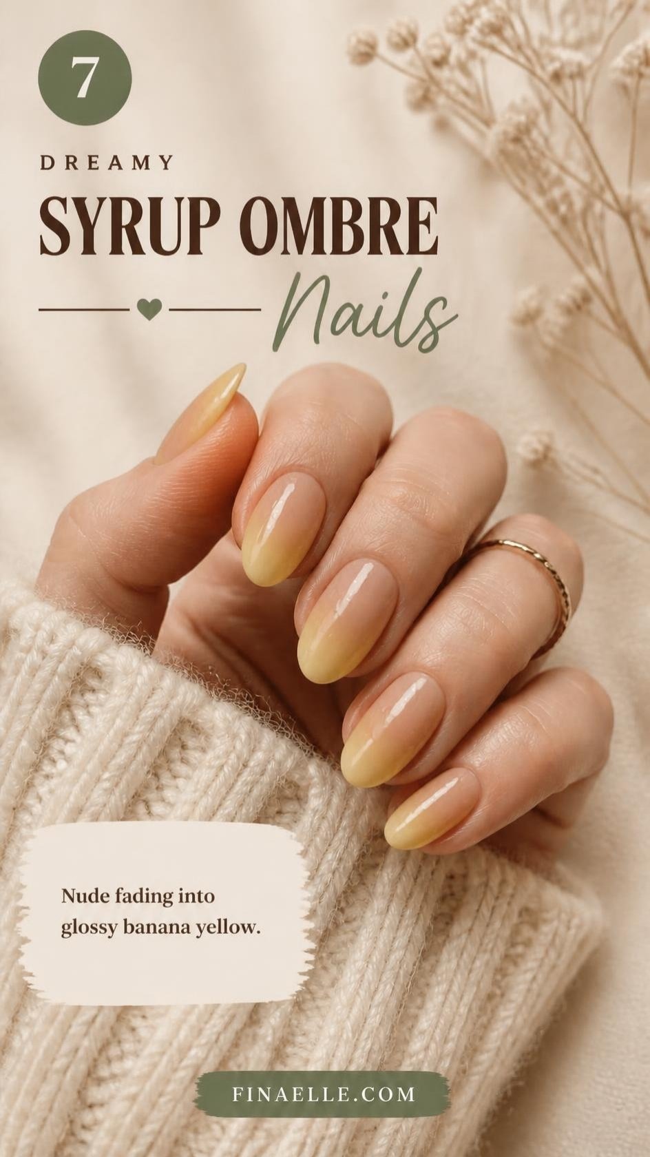 Banana syrup ombre nails fading from sheer nude to glossy yellow jelly on almond nails