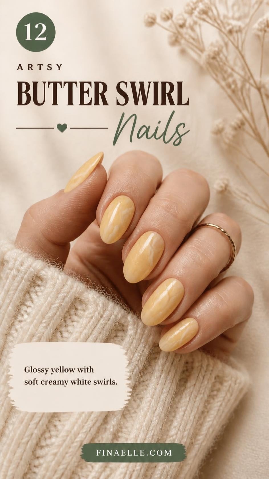 Banana syrup swirl nails with creamy white swirls on glossy yellow jelly almond nails