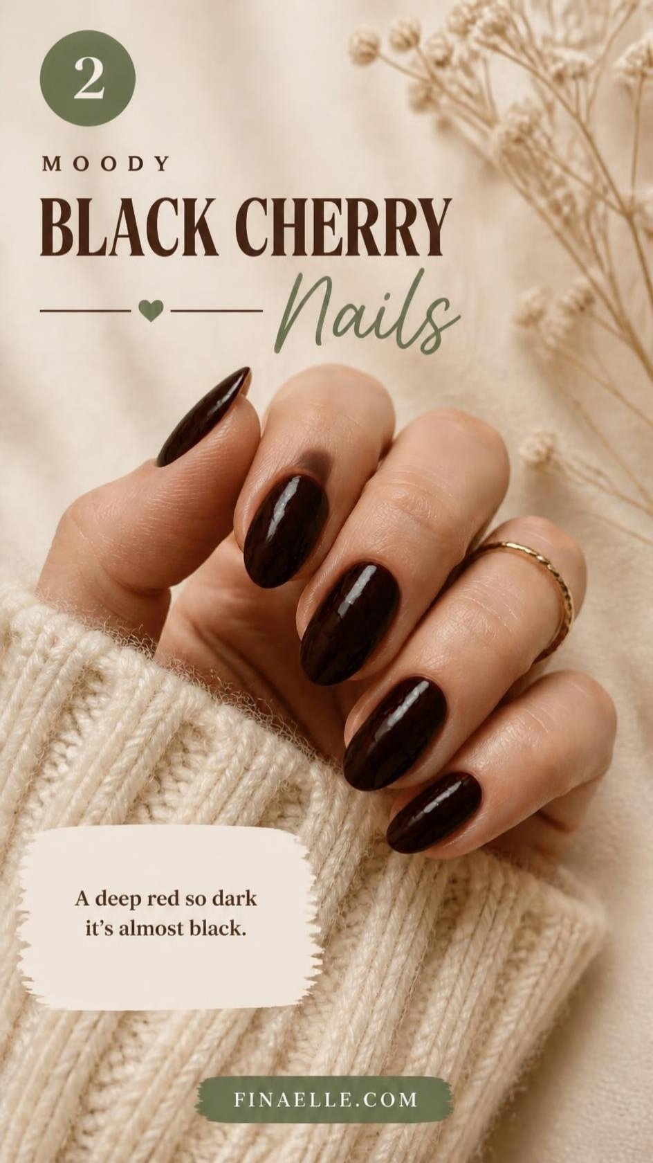 Black cherry October nail color, a deep dark red on almond nails