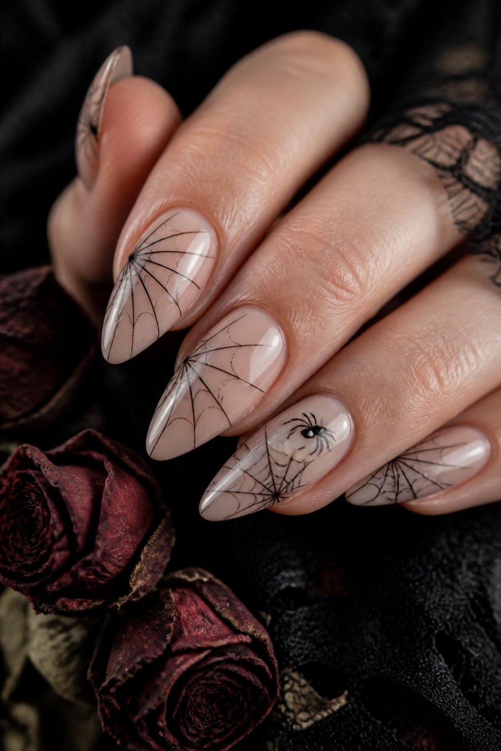 Black spiderweb gothic nails with fine web lines on nude almond nails