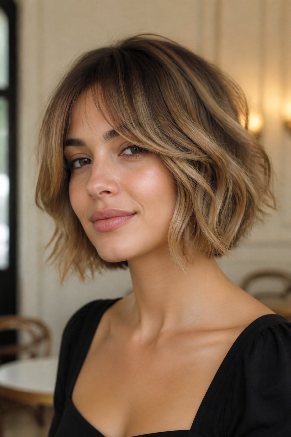 Blonde French bob with balayage and dark roots