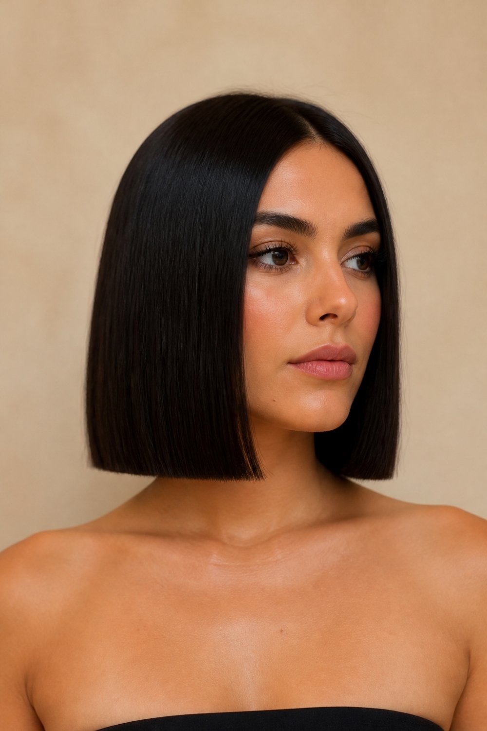 Sharp blunt bob haircut for women with thick straight black hair and a precise edge