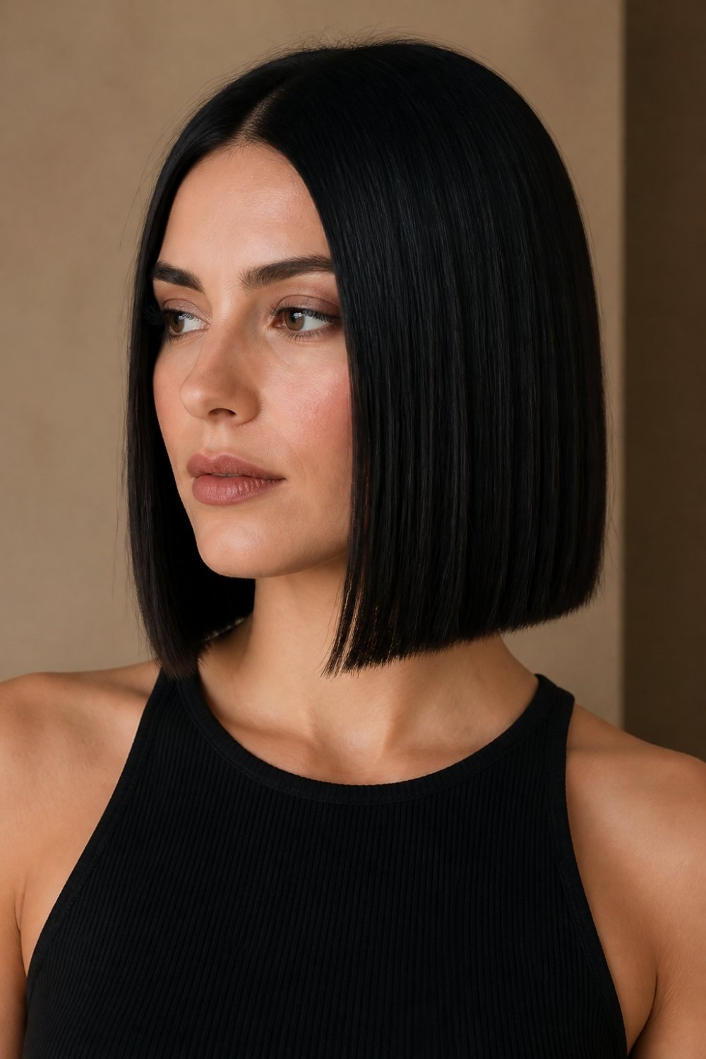 Blunt lob haircut with sharp one-length ends on jet black long bob