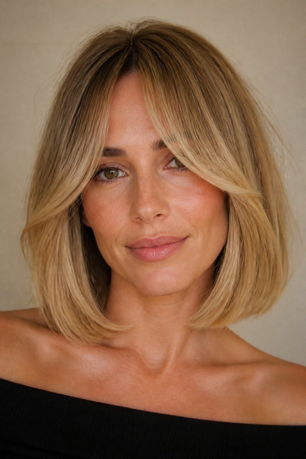 Bob haircut with curtain bangs for women, soft face framing bangs and warm blonde hair