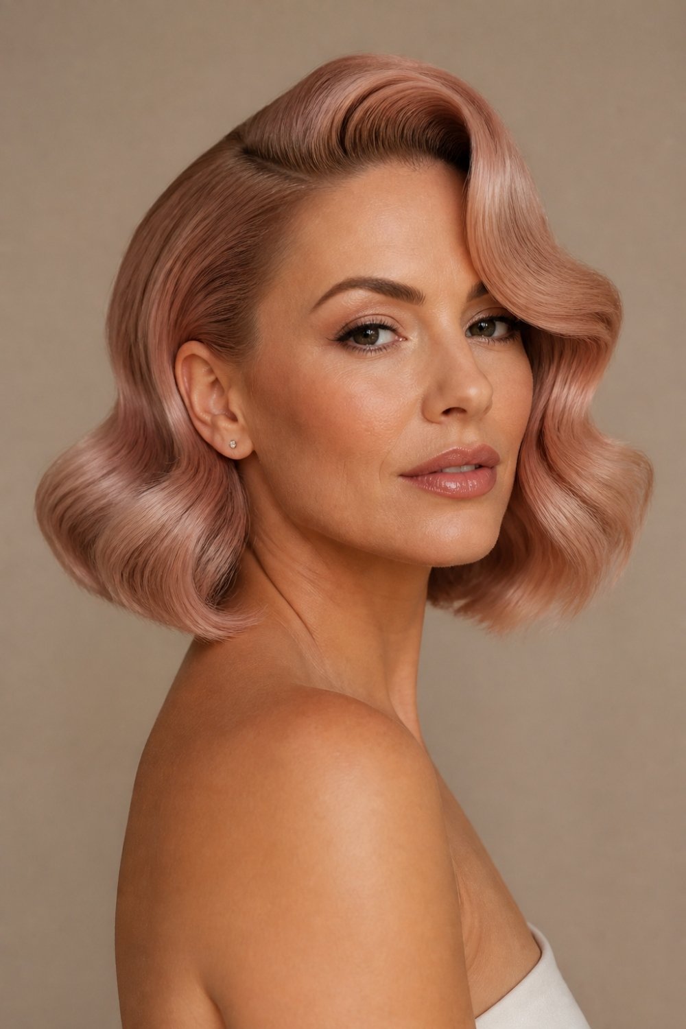 Bob haircut with a deep side part for women, voluminous wavy rose gold hair
