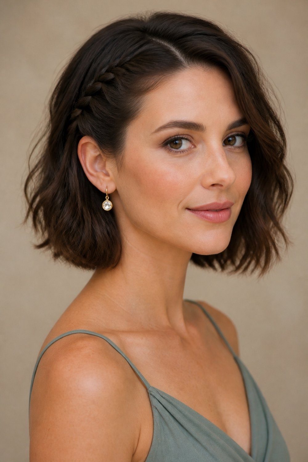 Bob haircut styled with a side braid for women, elegant brunette hairstyle for special occasions