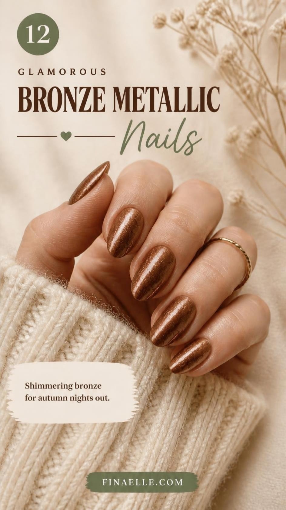 Bronze metallic October nail color on almond nails