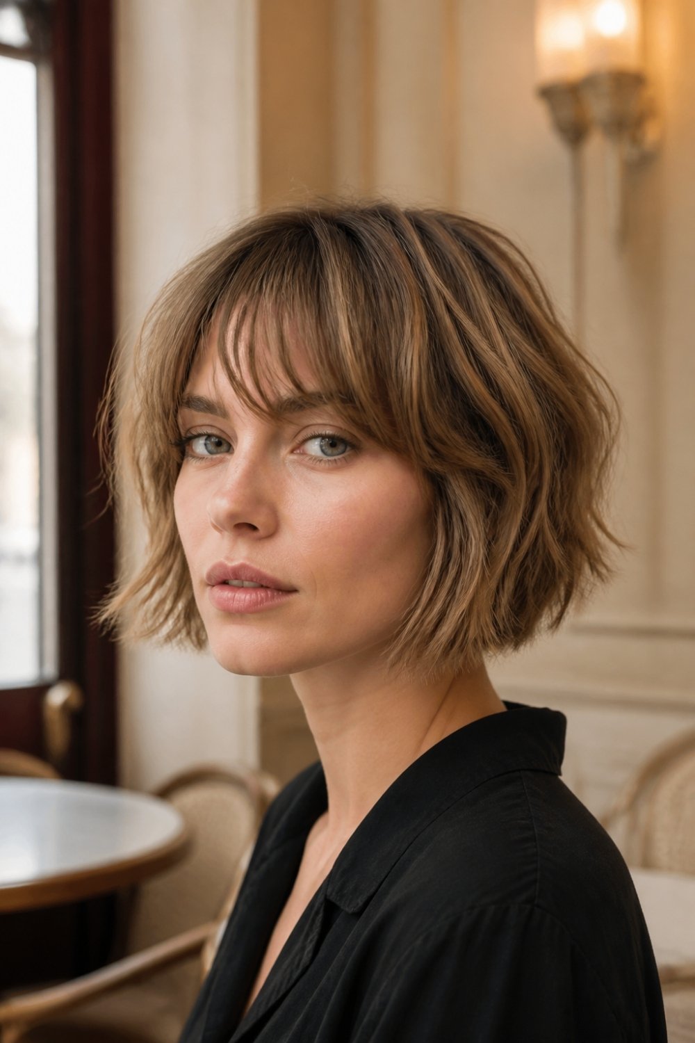 Choppy textured French bob with piecey ends in dark blonde hair