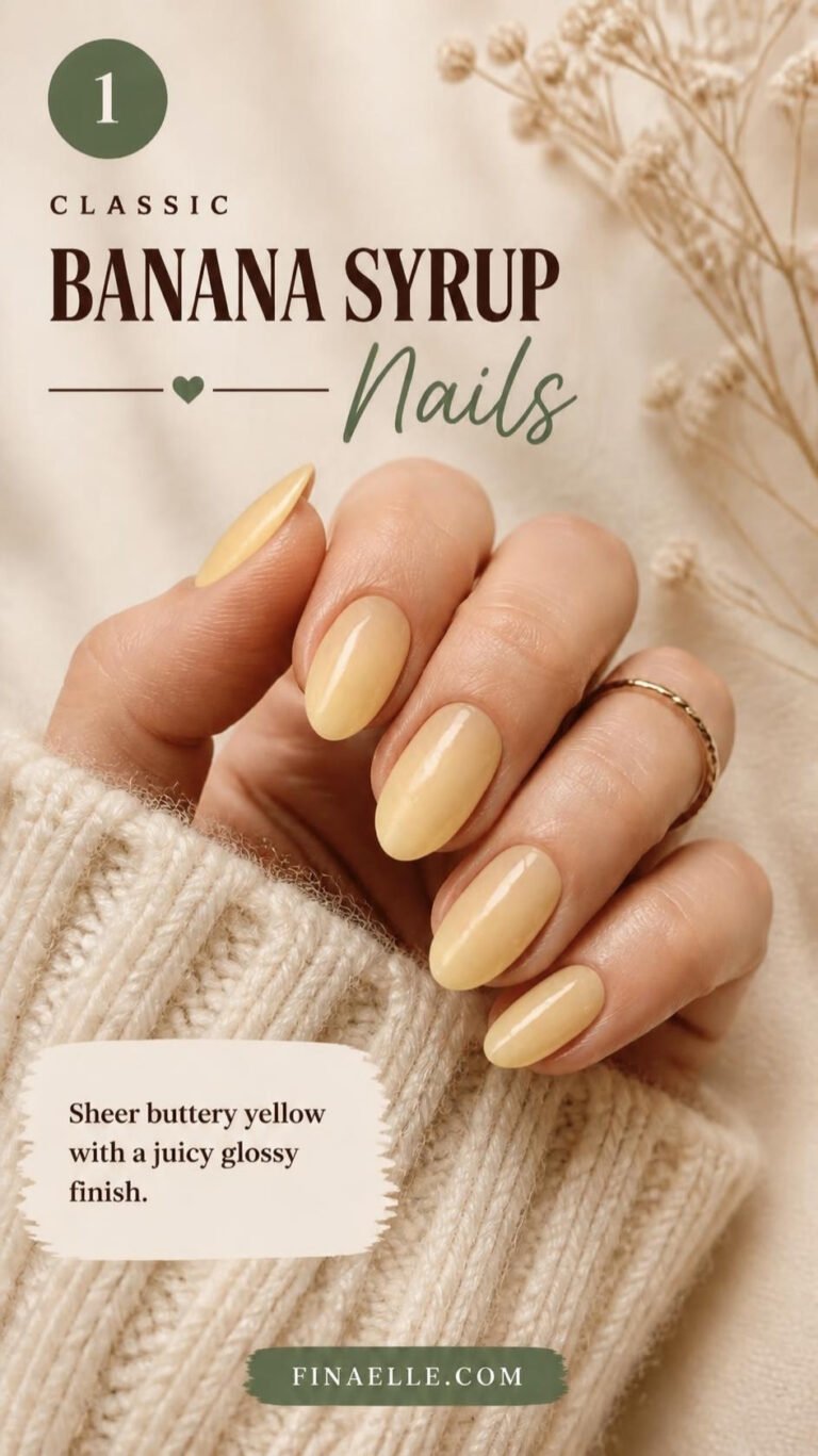 Classic banana syrup nails with sheer buttery yellow jelly polish on glossy almond nails