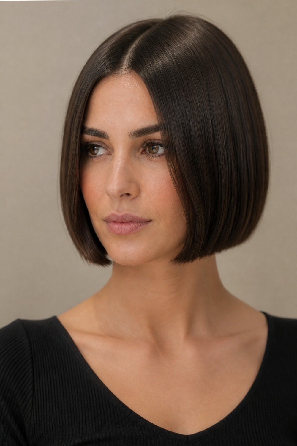 Classic chin-length bob haircut for women with sleek straight brunette hair