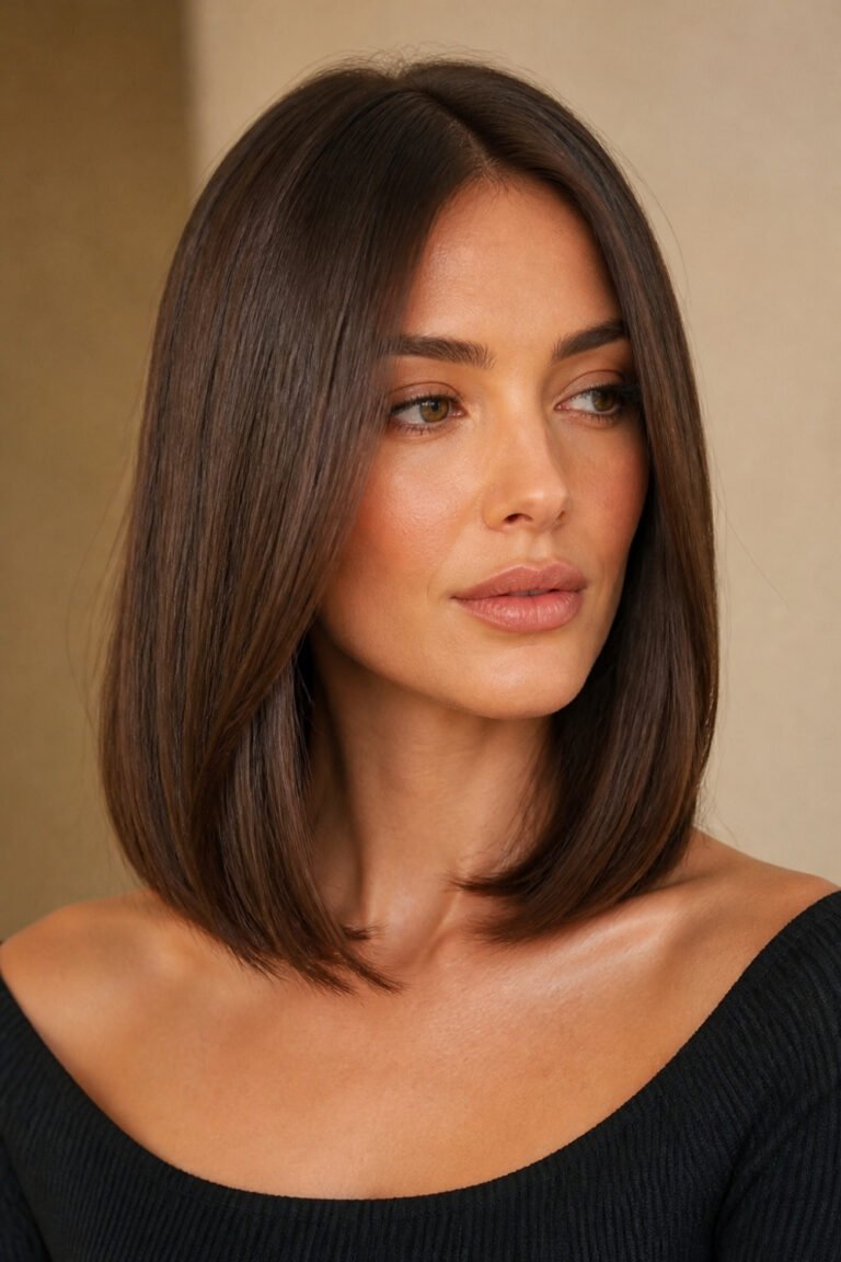 Classic straight lob haircut for women with glossy brunette long bob