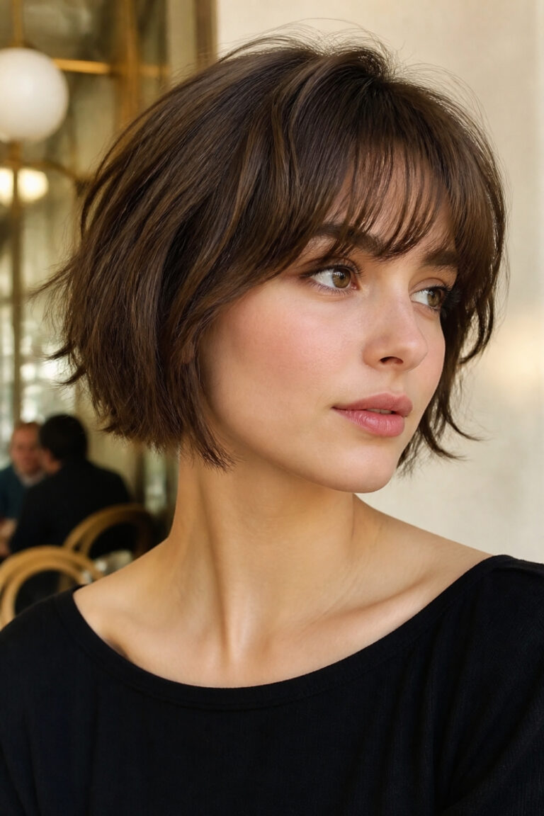 Classic textured French bob haircut with wispy bangs and chestnut brown hair