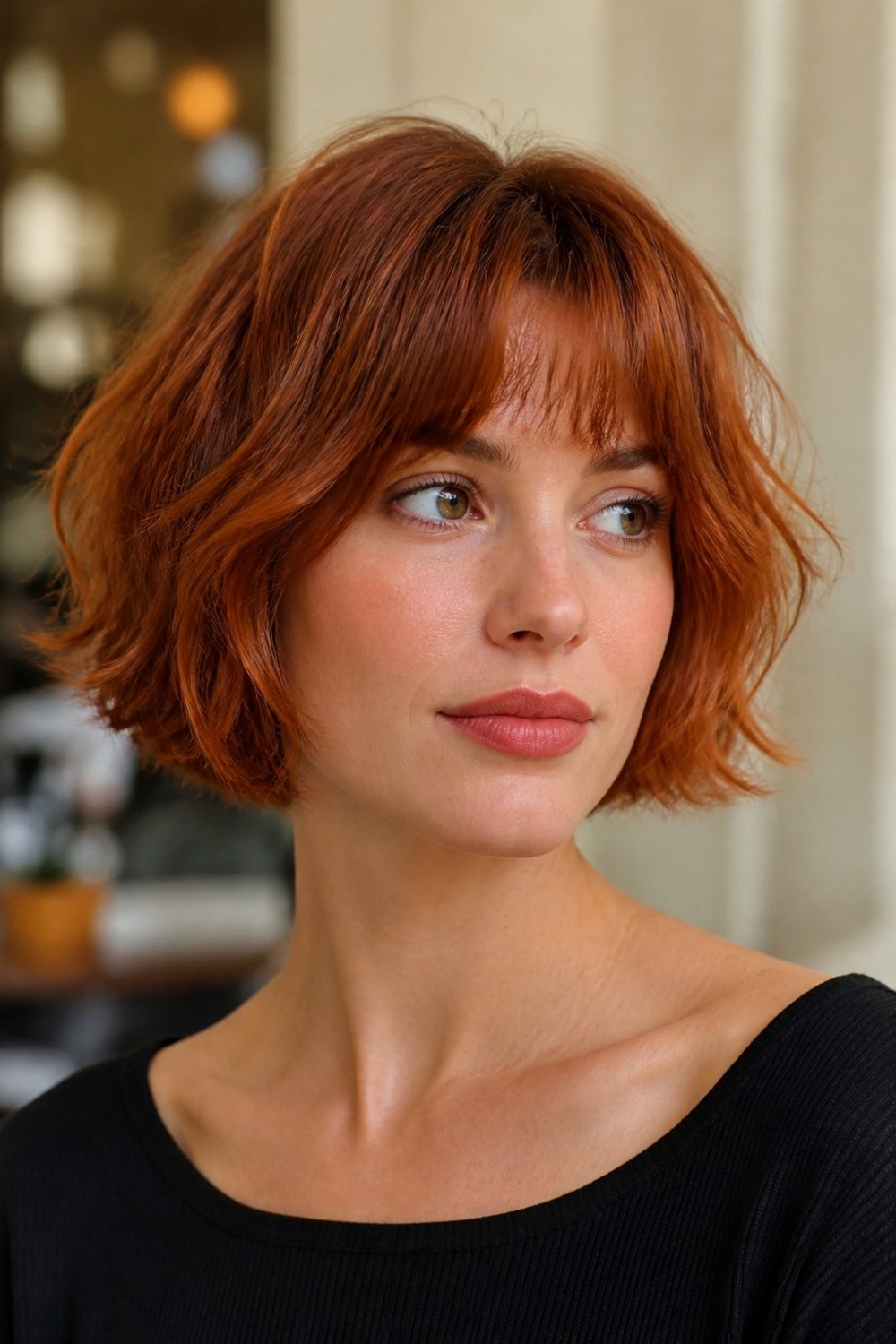 Copper auburn French bob haircut with wispy bangs